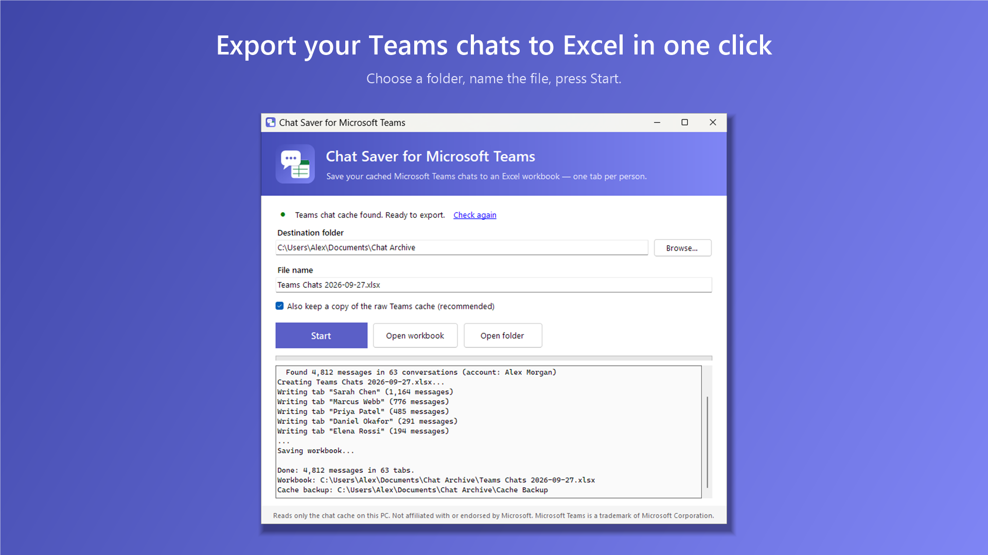 Chat Saver window with destination folder, file name and Start button